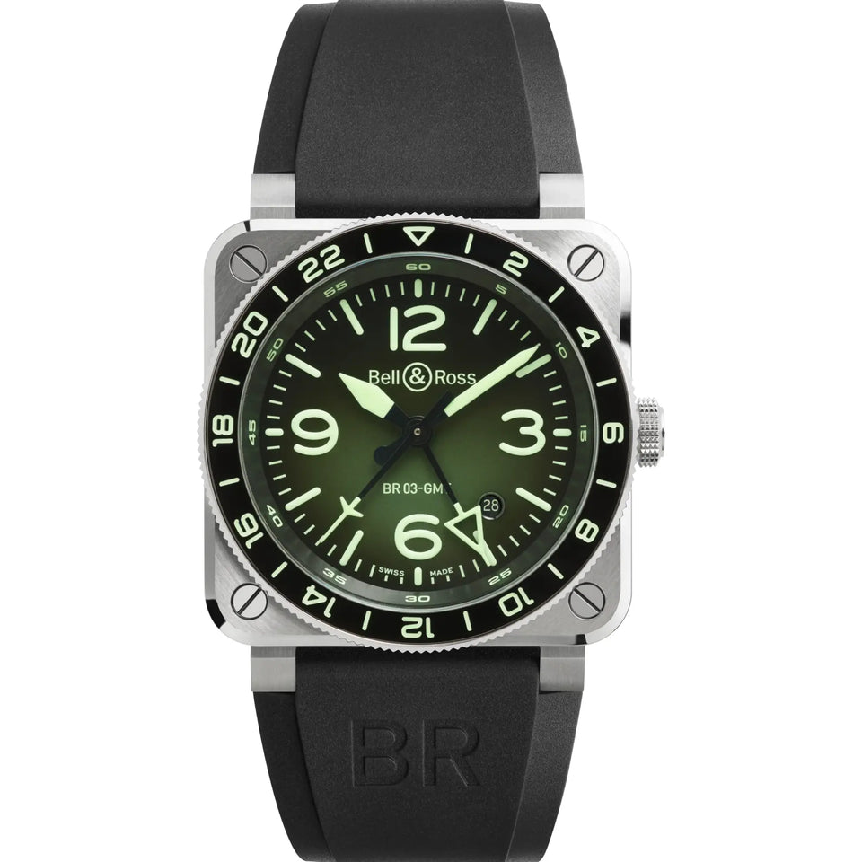 Bell & Ross BR-03 GMT GREEN LUM Black Rubber Strap Watch