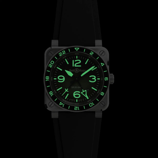 Bell & Ross BR-03 GMT GREEN LUM Black Rubber Strap Watch