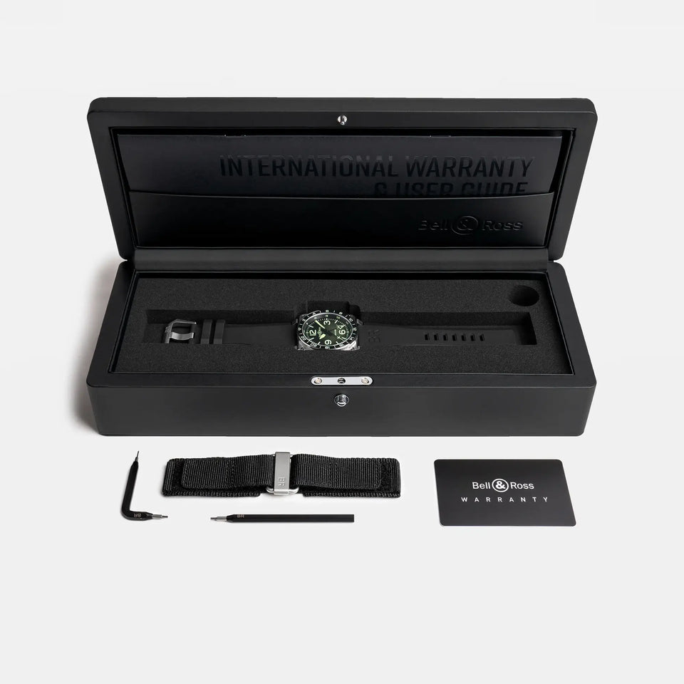 Bell & Ross BR-03 GMT GREEN LUM Black Rubber Strap Watch