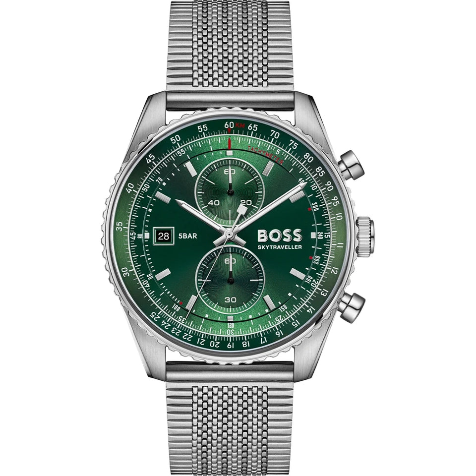 BOSS Men's Skytraveller Green Dial Mesh Bracelet Watch