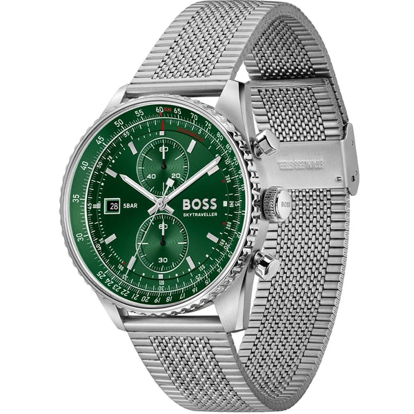 BOSS Men's Skytraveller Green Dial Mesh Bracelet Watch