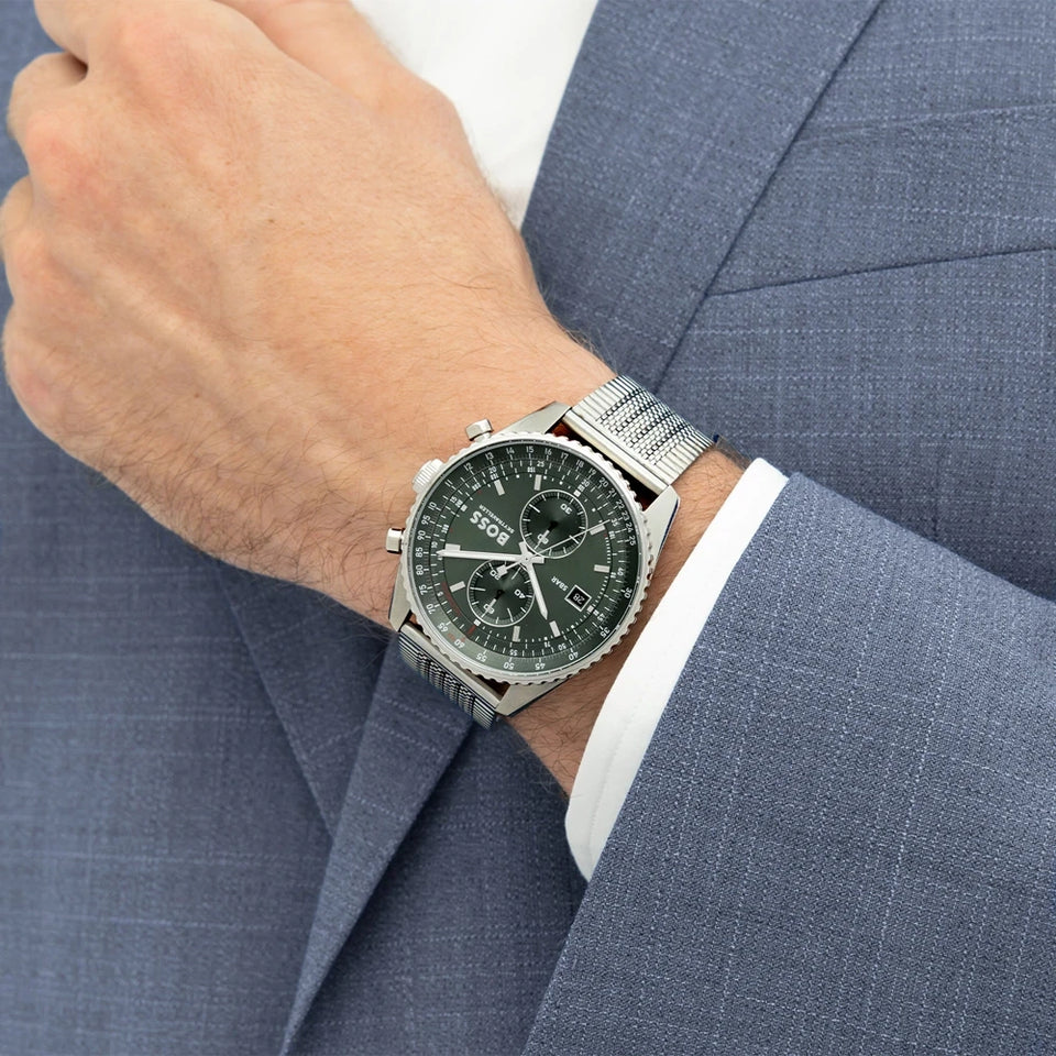 BOSS Men's Skytraveller Green Dial Mesh Bracelet Watch