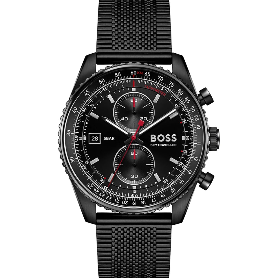 BOSS Men's Skytraveller Black Dial Mesh Bracelet Watch