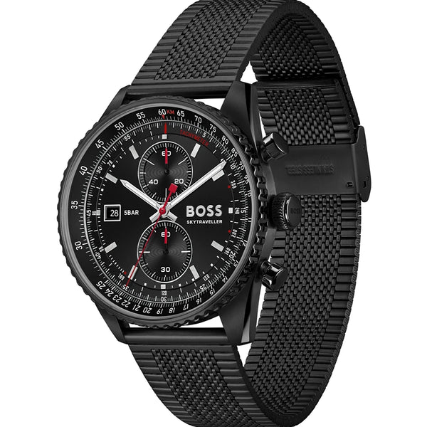BOSS Men's Skytraveller Black Dial Mesh Bracelet Watch