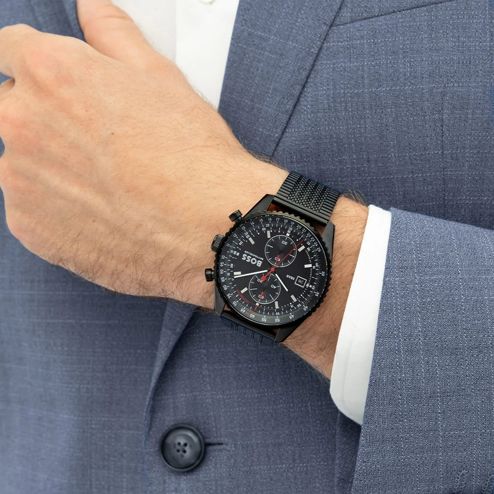 BOSS Men's Skytraveller Black Dial Mesh Bracelet Watch