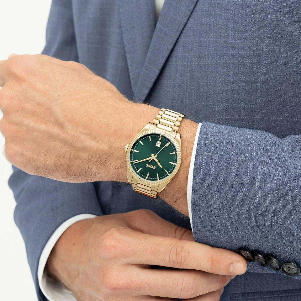 BOSS Men's Cheswick Green Dial Gold Tone Bracelet Watch