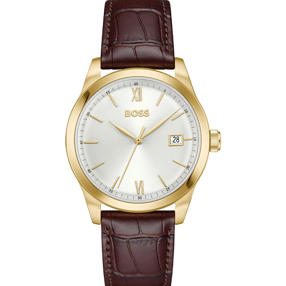 BOSS Men's Langfort Gold Tone Brown Leather Strap Watch