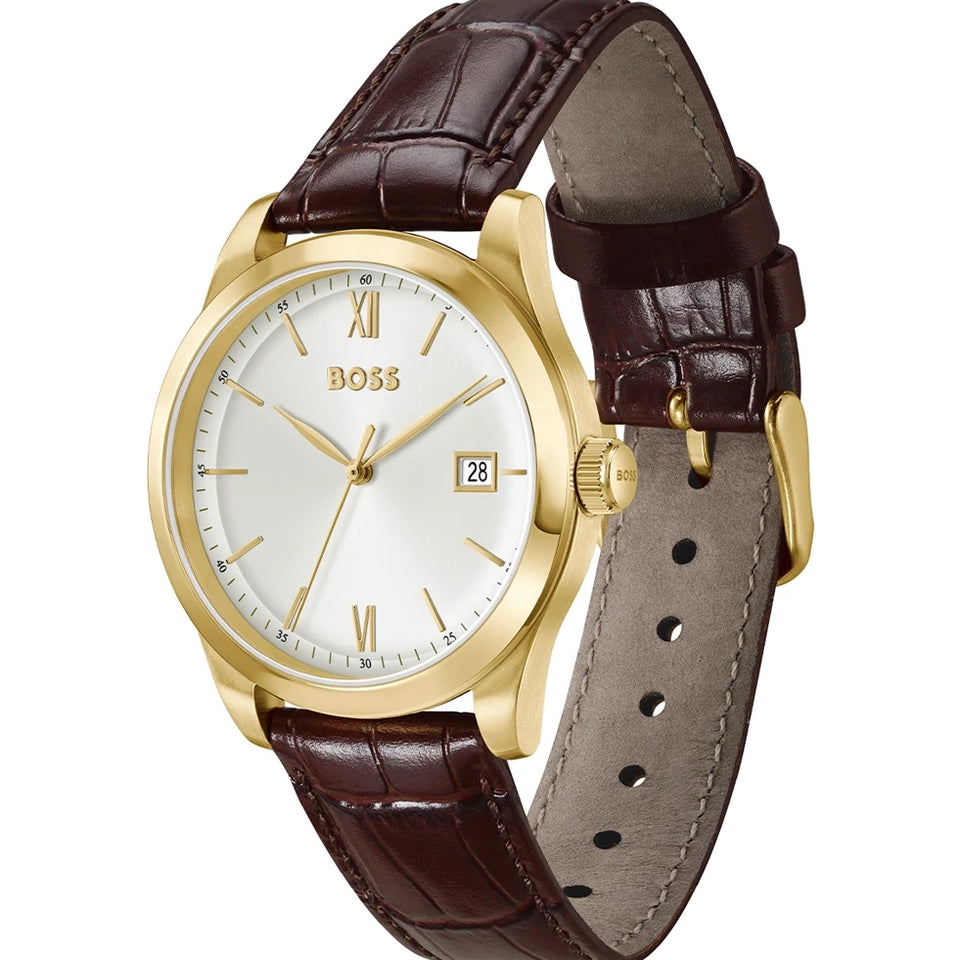 BOSS Men's Langfort Gold Tone Brown Leather Strap Watch