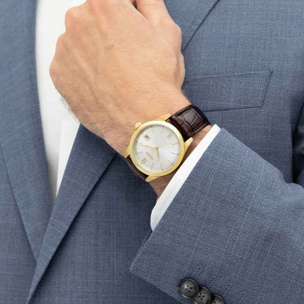 BOSS Men's Langfort Gold Tone Brown Leather Strap Watch
