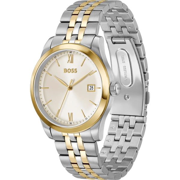 BOSS Men's Langfort Beige Dial Two Tone Bracelet Watch