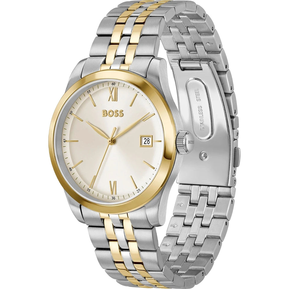 BOSS Men's Langfort Beige Dial Two Tone Bracelet Watch