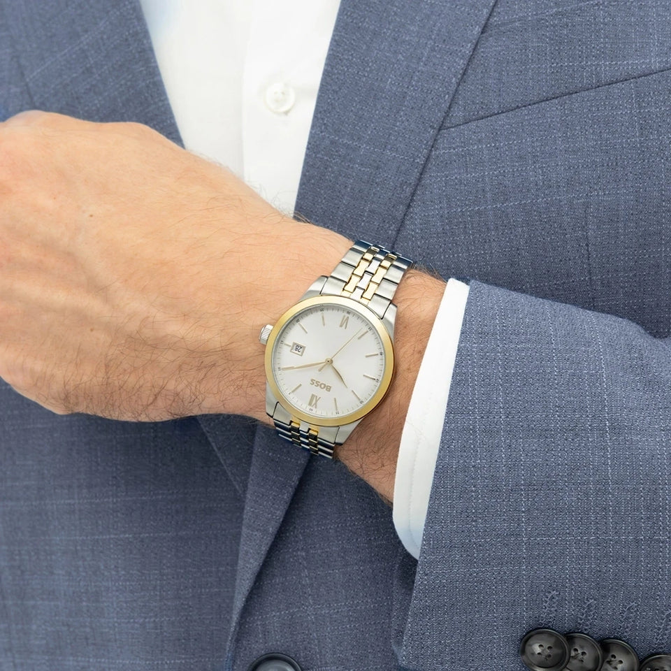 BOSS Men's Langfort Beige Dial Two Tone Bracelet Watch