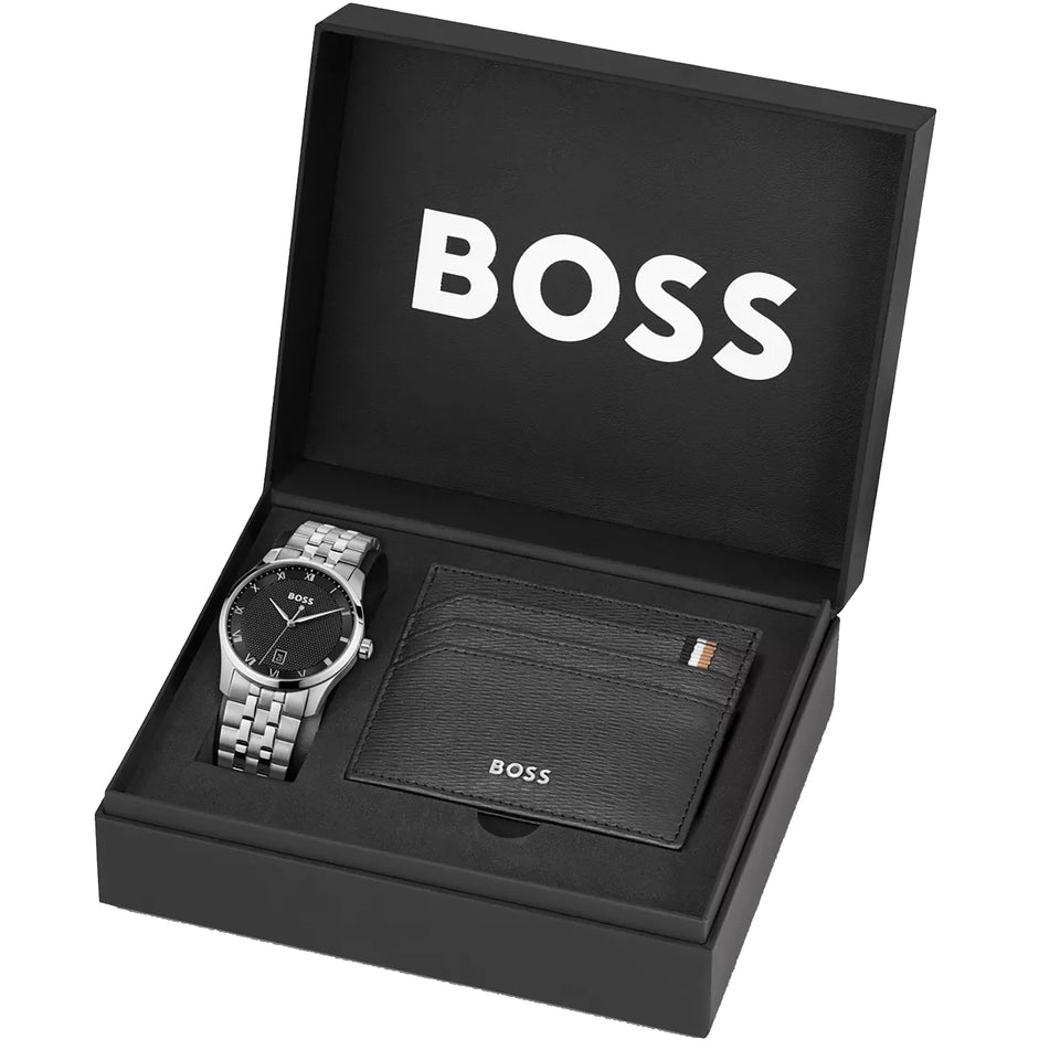 BOSS Men's Principle Black Dial Watch & Card Holder Set