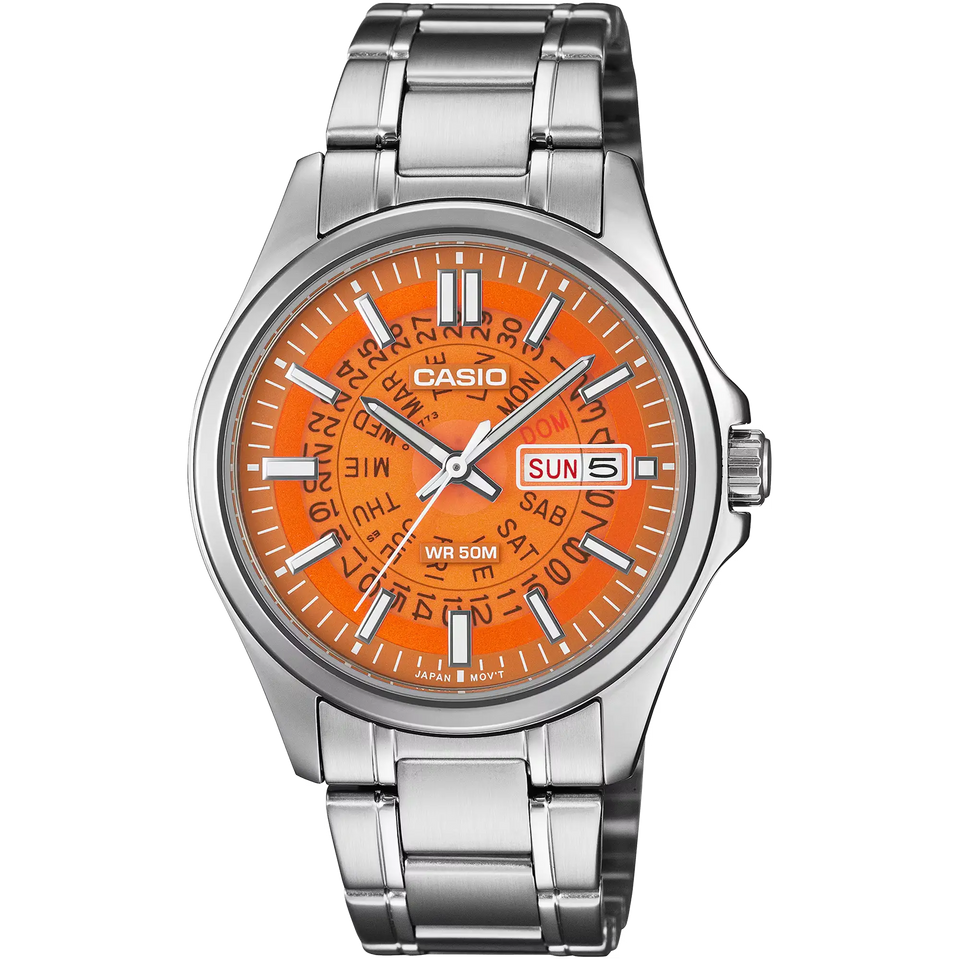 Casio MTP-E740 Series 40mm Orange Dial Date Wheel Watch
