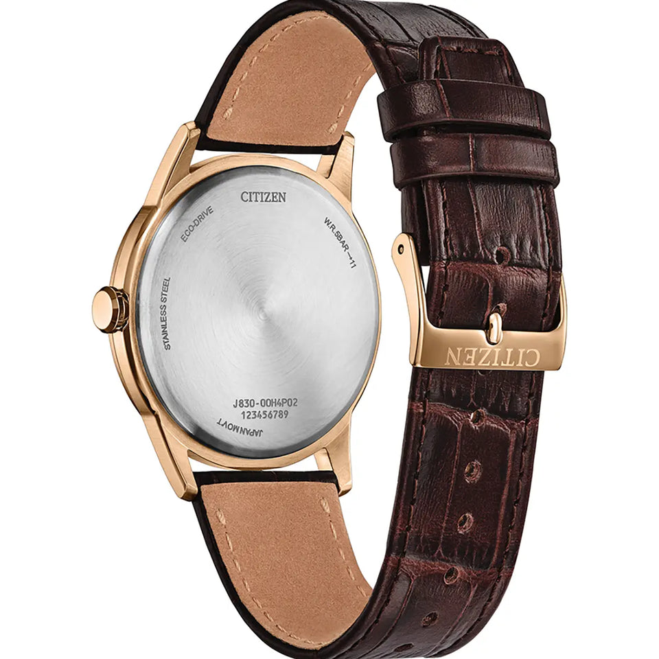 Citizen Men's Rolan Rose Gold Toned Brown Leather Strap Watch