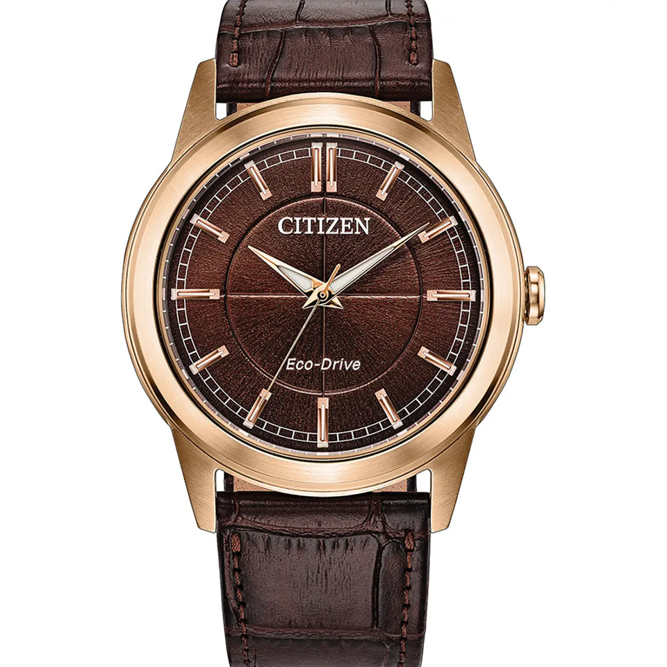 Citizen Men's Rolan Rose Gold Toned Brown Leather Strap Watch