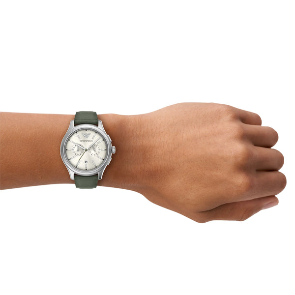 Emporio Armani Men's Dario Cream Dial Green Leather Strap Watch