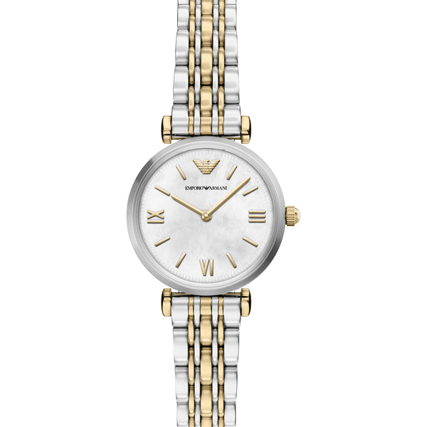 Emporio Armani Ladies Gianni Mother Of Pearl Two Tone Bracelet Watch