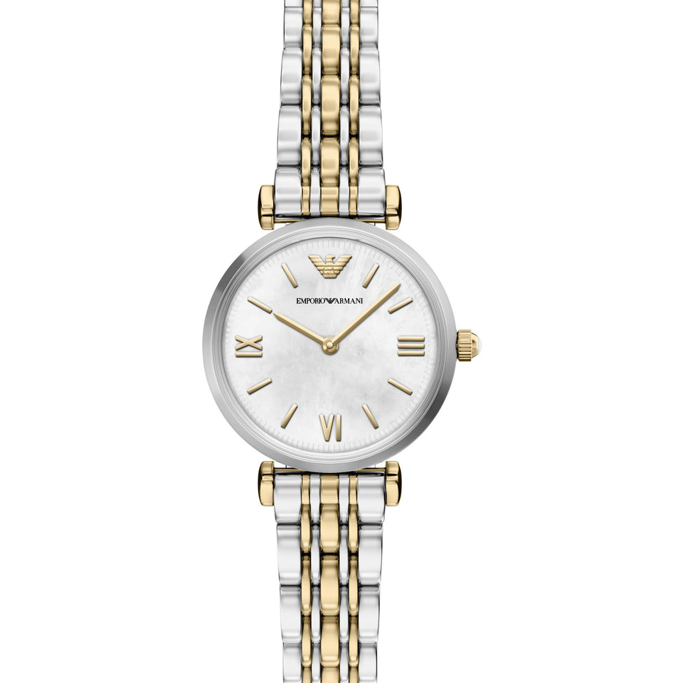 Emporio Armani Ladies Gianni Mother Of Pearl Two Tone Bracelet Watch