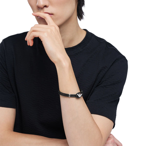 Emporio Armani Men's Eagle Logo Black Double Wrap Bracelet