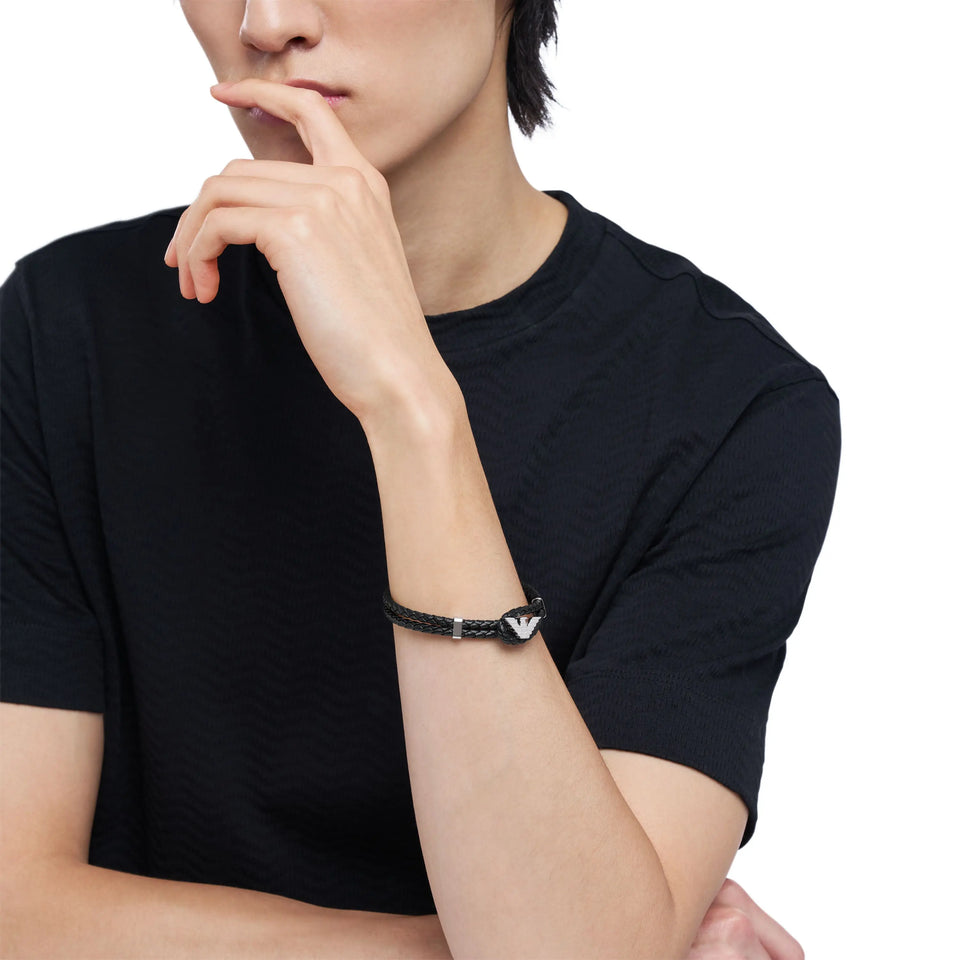 Emporio Armani Men's Eagle Logo Black Double Wrap Bracelet