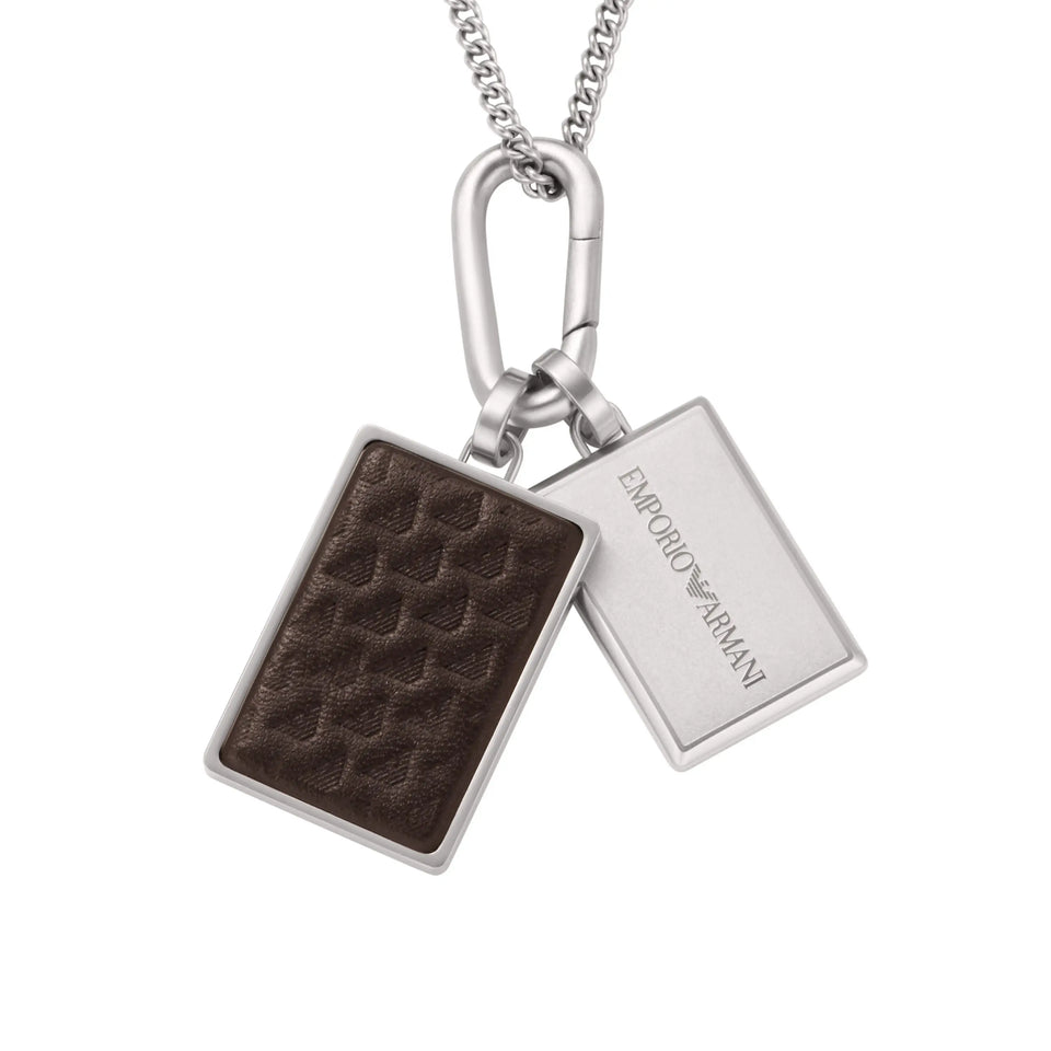 Emporio Armani Men's Eagle Logo Brown Leather Dog Tag Necklace