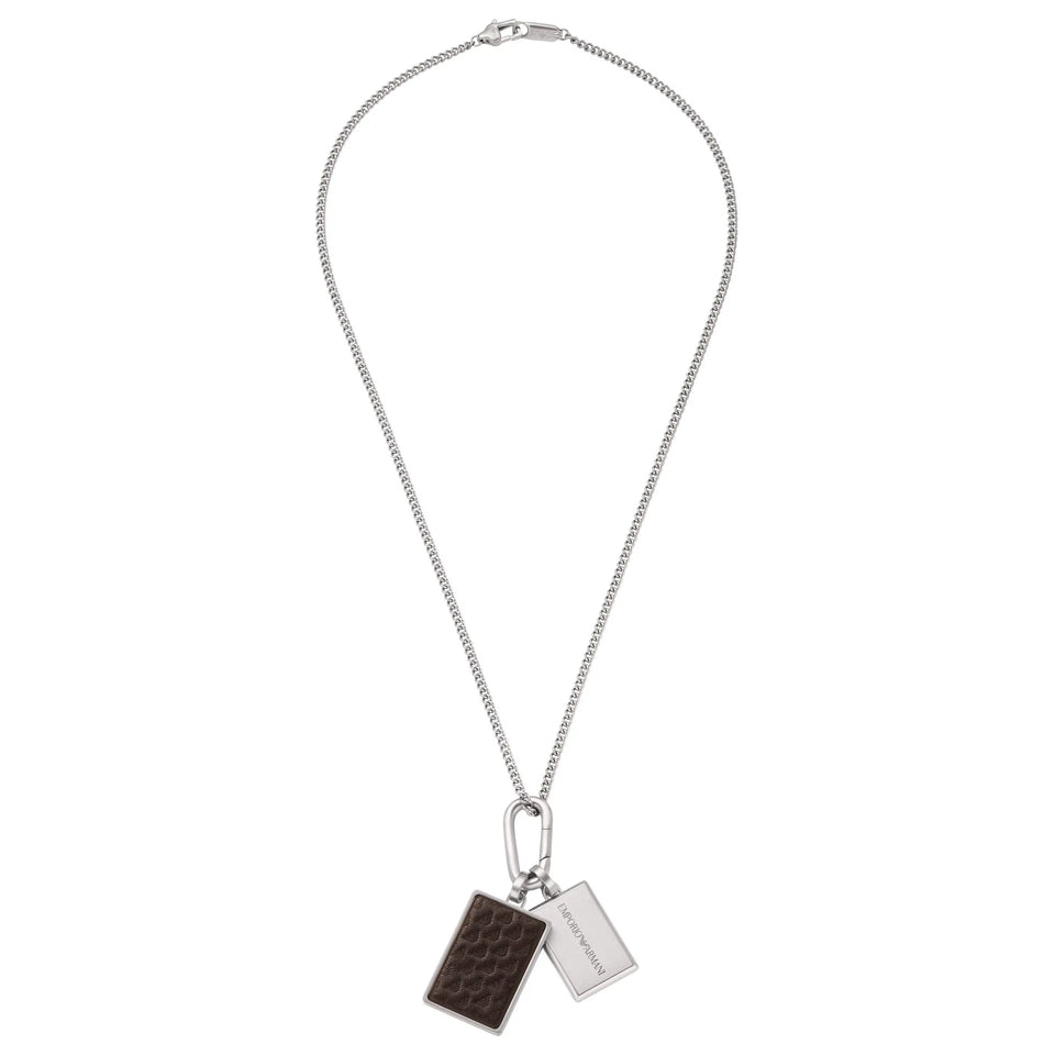 Emporio Armani Men's Eagle Logo Brown Leather Dog Tag Necklace