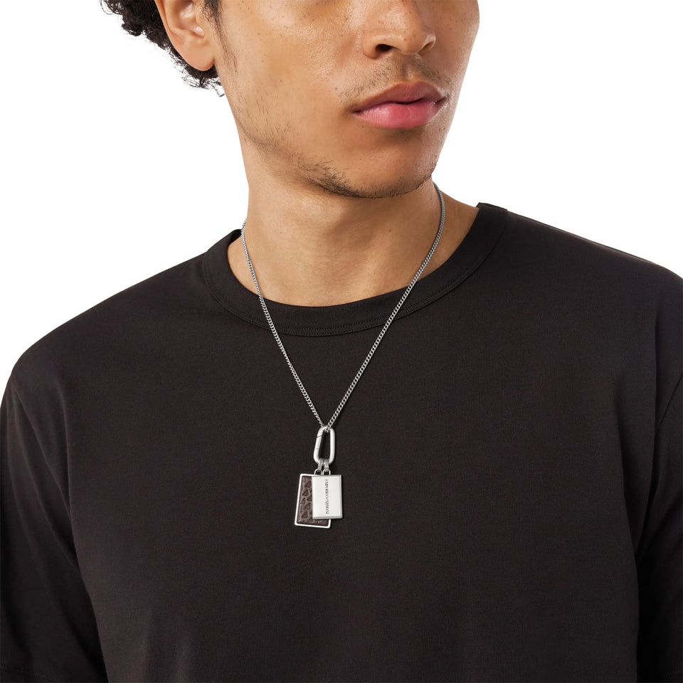Emporio Armani Men's Eagle Logo Brown Leather Dog Tag Necklace
