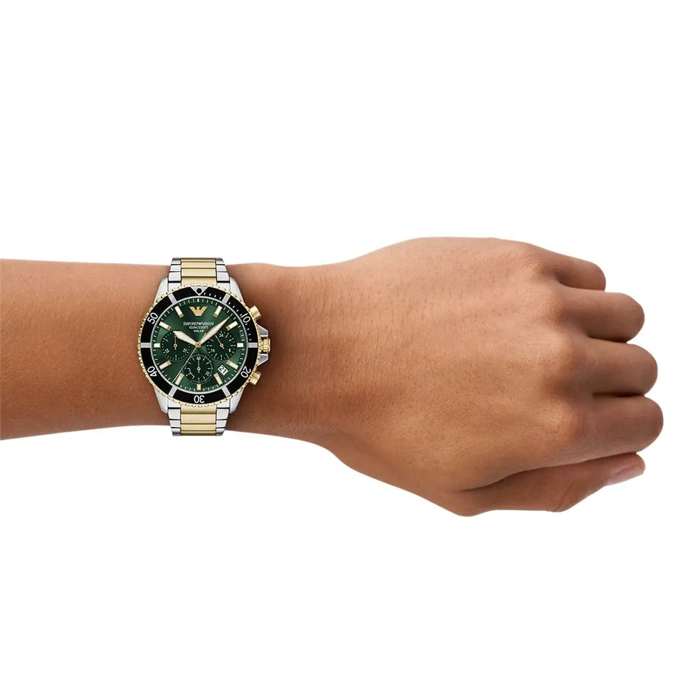 Emporio Armani Men's World Explorer Green Dial Two Tone Bracelet