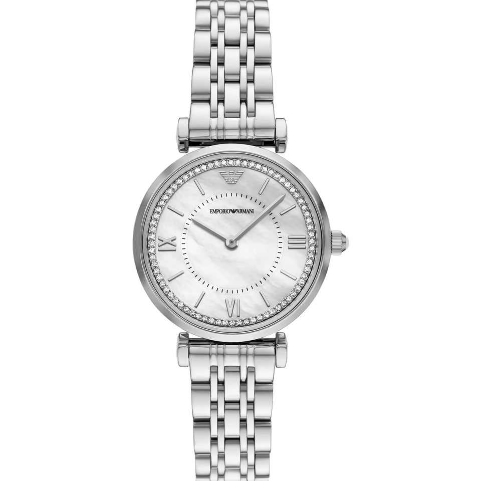 Emporio Armani Ladies Gianni T-Bar Stone Set Mother Of Pearl Watch