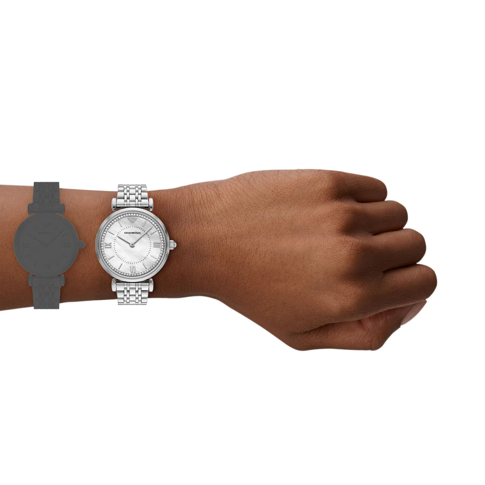 Emporio Armani Ladies Gianni T-Bar Stone Set Mother Of Pearl Watch