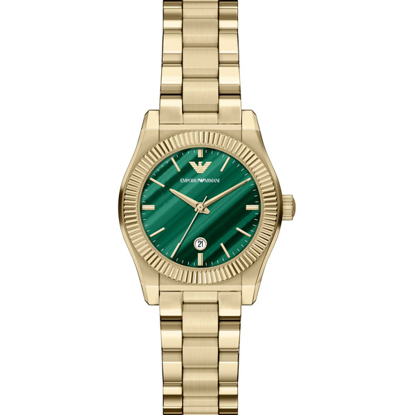 Emporio Armani Ladies Frederica Green Dial Gold Toned Bracelet Watch