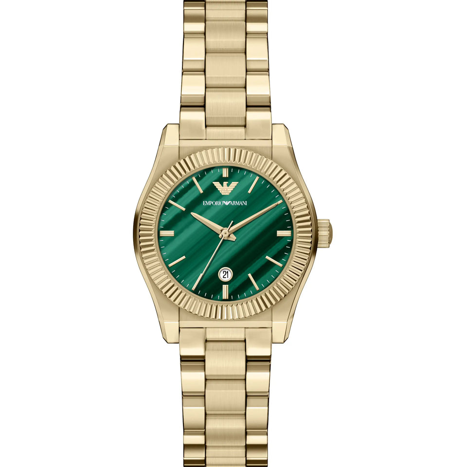 Emporio Armani Ladies Frederica Green Dial Gold Toned Bracelet Watch