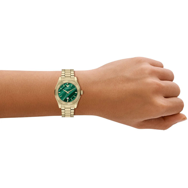 Emporio Armani Ladies Frederica Green Dial Gold Toned Bracelet Watch