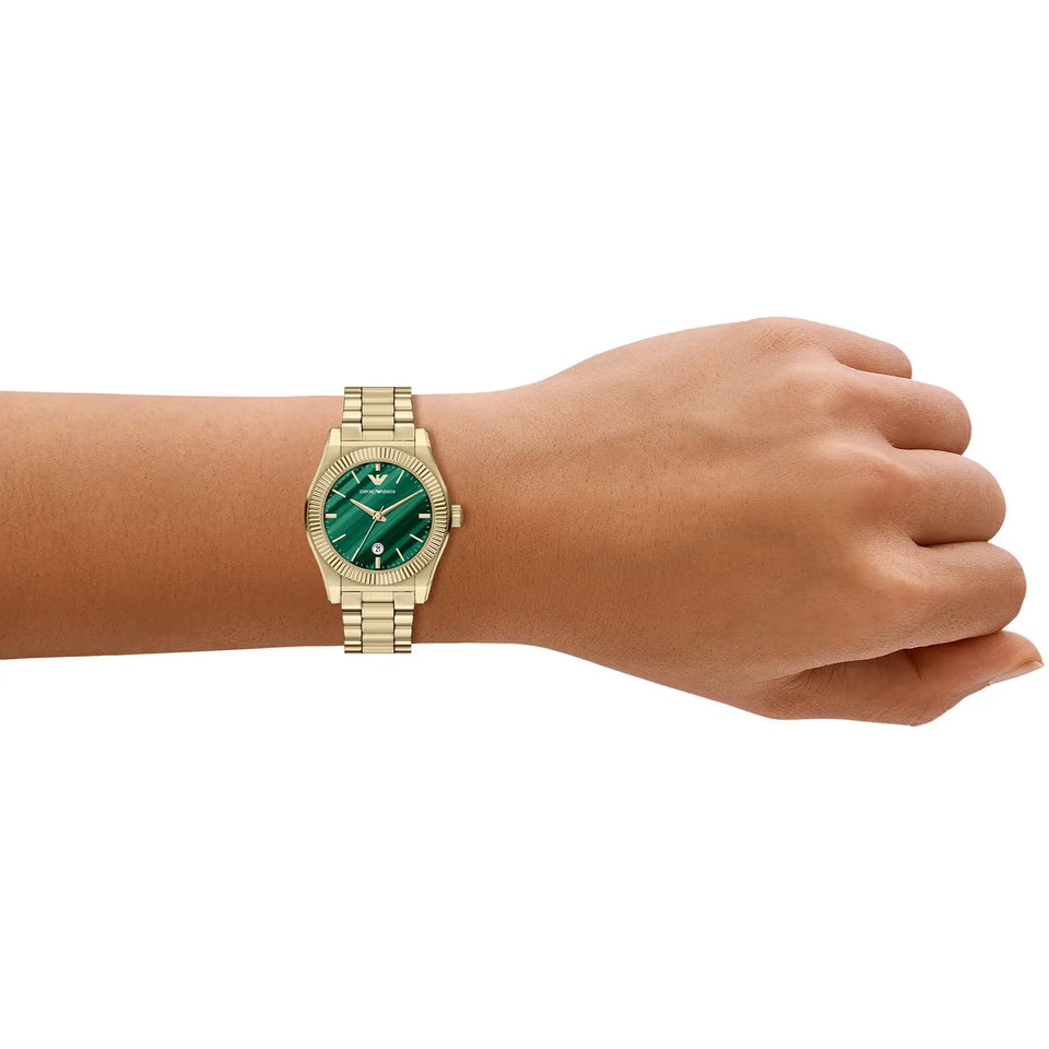 Emporio Armani Ladies Frederica Green Dial Gold Toned Bracelet Watch