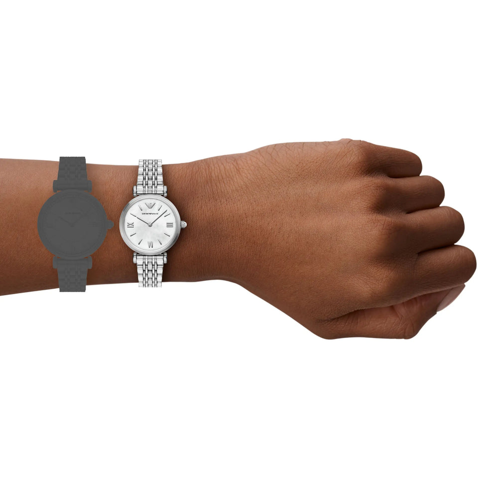 Emporio Armani Ladies Gianni T-Bar Mother Of Pearl Dial Bracelet Watch