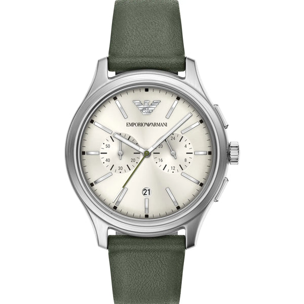 Emporio Armani Men's Dario Cream Dial Green Leather Strap Watch