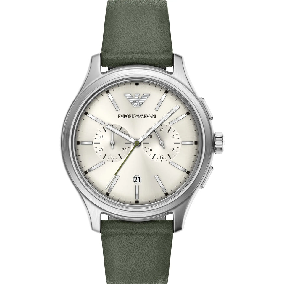 Emporio Armani Men's Dario Cream Dial Green Leather Strap Watch