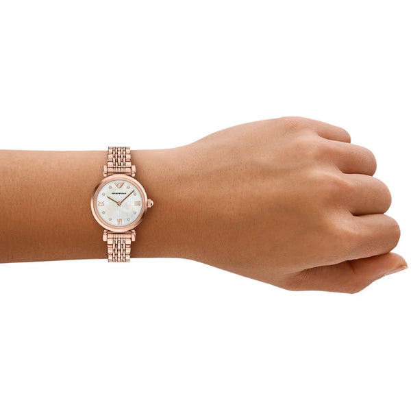 Emporio Armani Ladies Gianni Mother Of Pearl Rose T-Bar Bracelet Watch