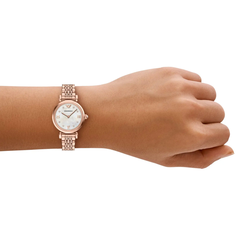 Emporio Armani Ladies Gianni Mother Of Pearl Rose T-Bar Bracelet Watch