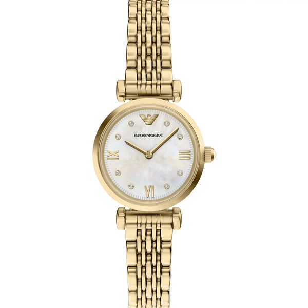 Emporio Armani Ladies Gianni Mother Of Pearl Gold T-Bar Bracelet Watch