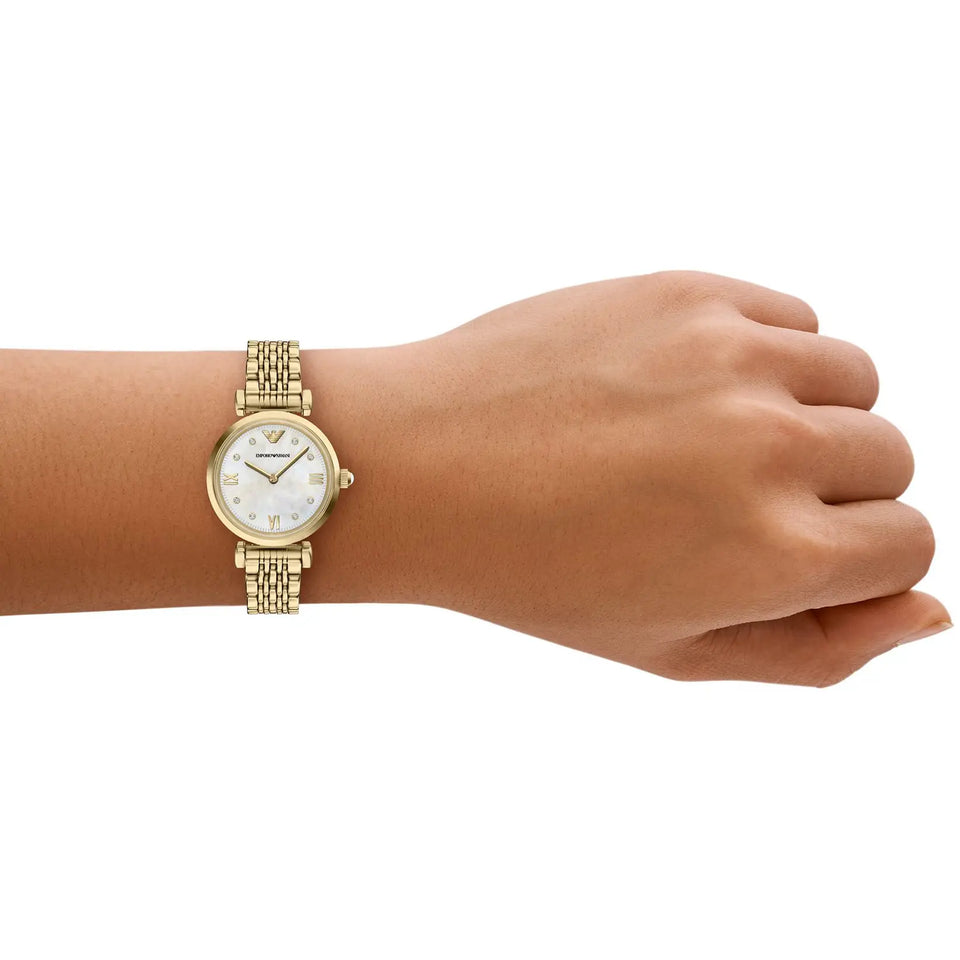 Emporio Armani Ladies Gianni Mother Of Pearl Gold T-Bar Bracelet Watch