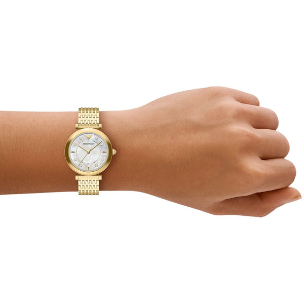 Emporio Armani Ladies Archelia Mother Of Peal Gold Tone Bracelet Watch