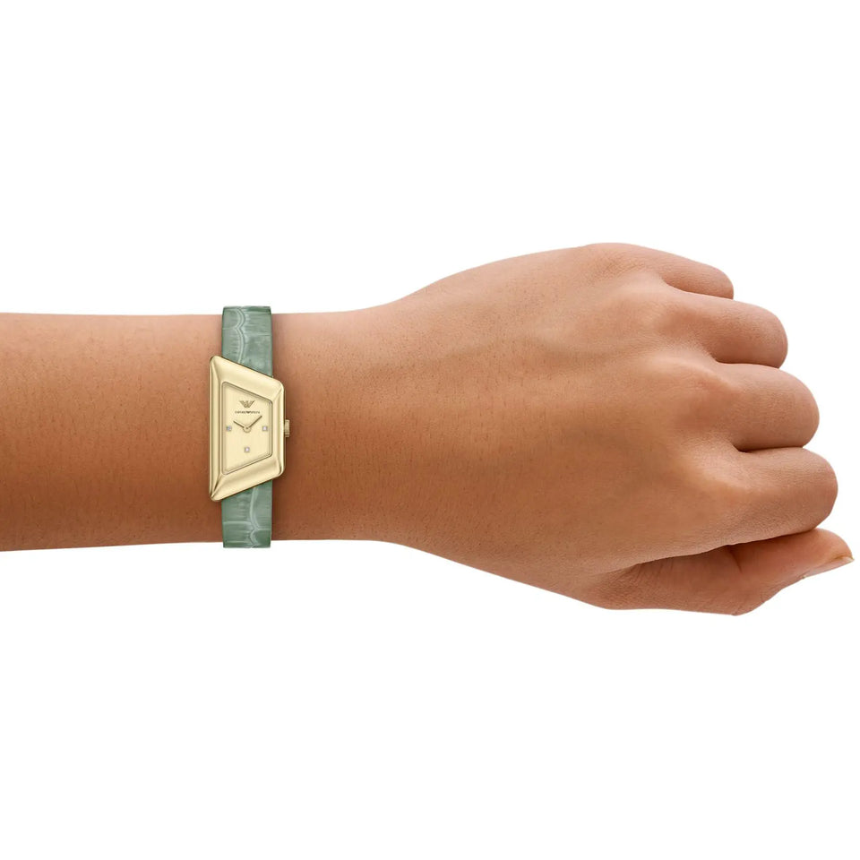 Emporio Armani Ladies Eagle Story Gold Dial Green Leather Watch