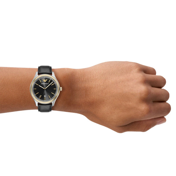 Emporio Armani Men's Dario Black Dial Leather Strap Watch