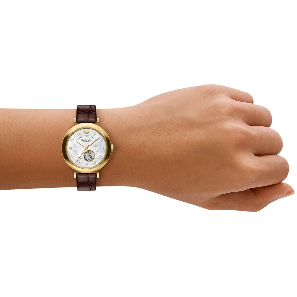 Emporio Armani Ladies Archelia Mother Of Pearl Leather Strap Watch