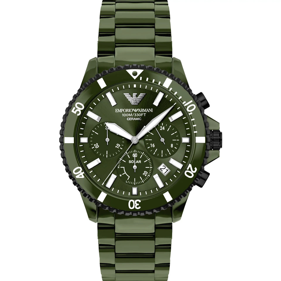 Emporio Armani Men's World Explorer Green Dial Ceramic Bracelet Watch