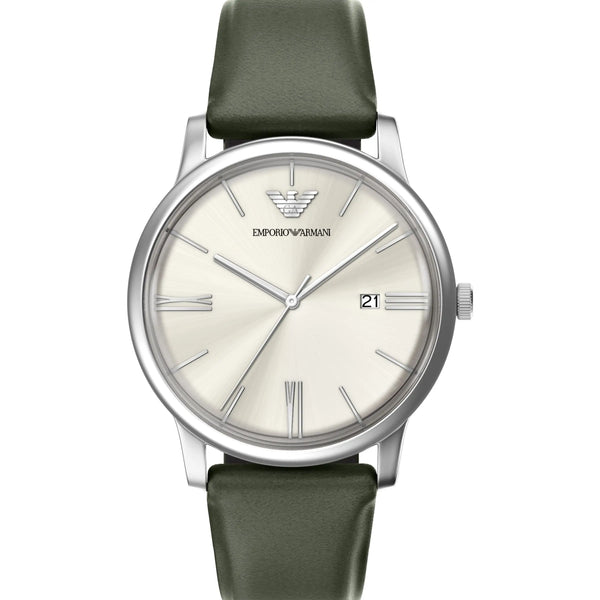 Emporio Armani Men's Minimalist Cream Dial Green Leather Strap Watch