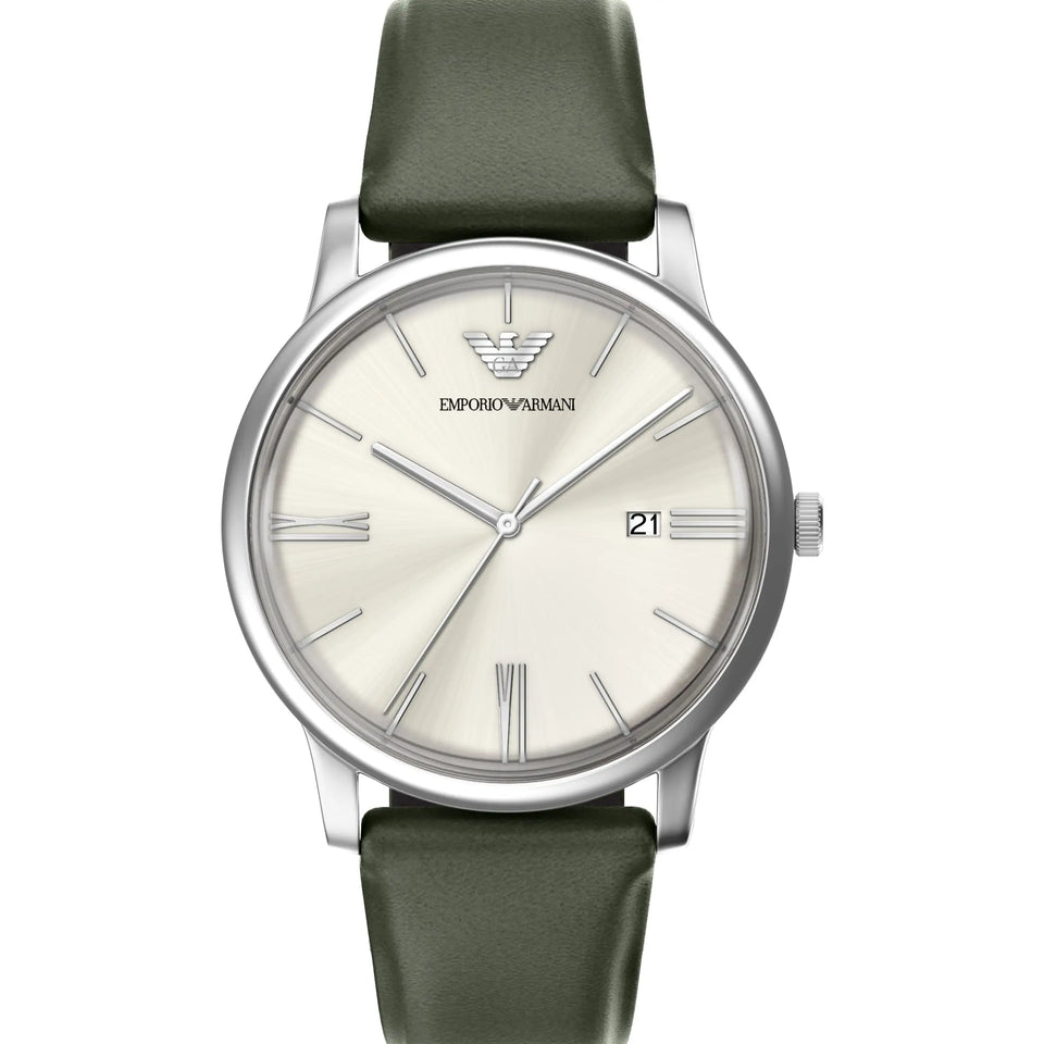 Emporio Armani Men's Minimalist Cream Dial Green Leather Strap Watch