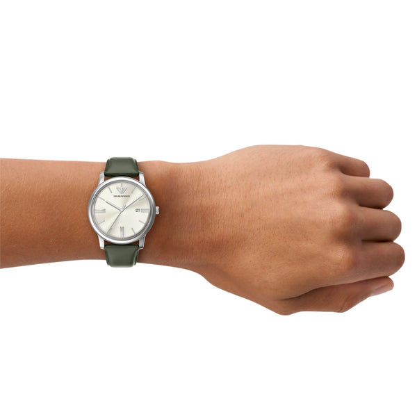 Emporio Armani Men's Minimalist Cream Dial Green Leather Strap Watch